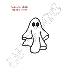 May include: A black and white applique design of a cartoon ghost with oval eyes and a curved mouth. The ghost is wearing a white sheet with curved edges. Text at the top says "Resizing Available Applique Design."