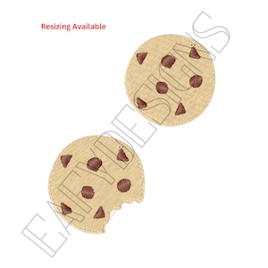 May include: Two chocolate chip cookies, one whole and one with a bite taken out. The cookies are light brown with dark brown chocolate chips.