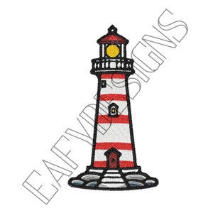 May include: A red and white striped lighthouse with a black roof and a yellow light on top. The lighthouse is standing on a rocky base with steps leading up to the door.