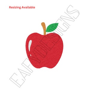 May include: A red apple with a green leaf on top. The apple is embroidered with a textured design.