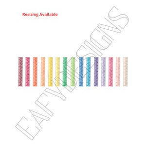 Peut inclure: Une rangée de 15 règles colorées, chacune d'une couleur différente, allant du rouge au rose, orange, jaune, vert, bleu, violet et blanc. Les règles sont toutes de la même taille et ont un fond blanc.