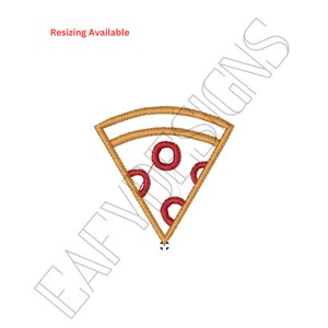 May include: A brown and red embroidered design of a slice of pizza with pepperoni.