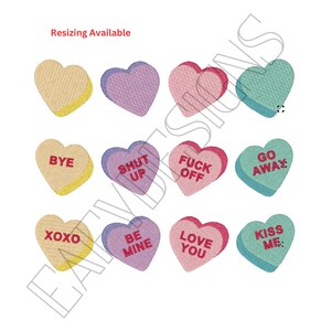 May include: Nine heart-shaped candy conversation hearts with different messages. The hearts are in three colors: pink, yellow, and blue. The messages are: "BYE", "SHUT UP", "FUCK OFF", "GO AWAY", "XOXO", "BE MINE", "LOVE YOU", "KISS ME:"