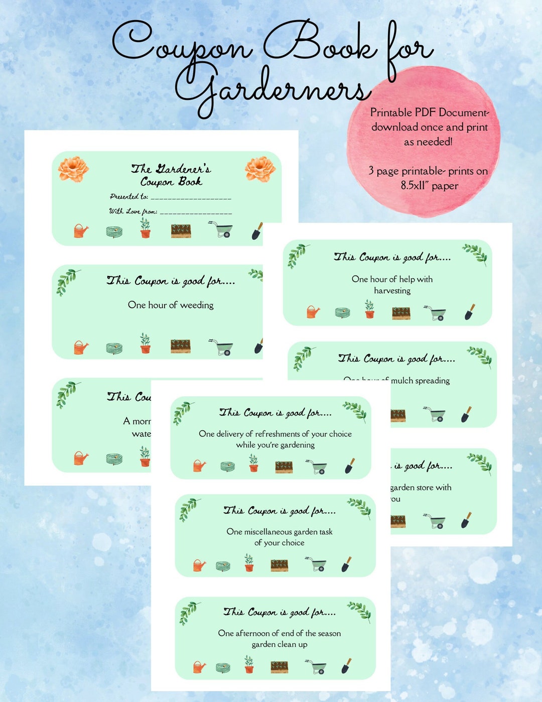 Printable Coupon Book for Gardeners, Gift for Gardener, Gift for Garden