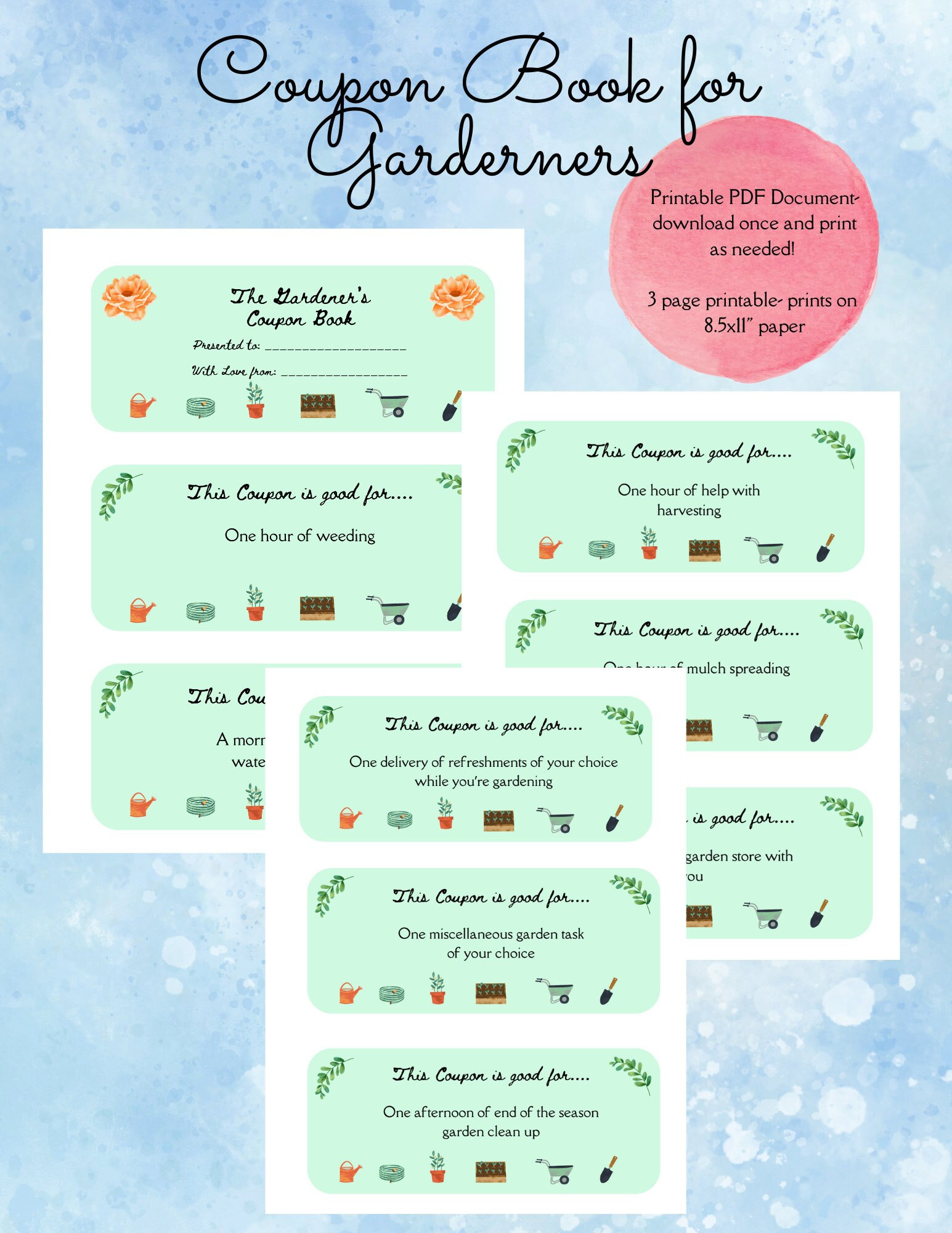 Printable Coupon Book for Gardeners, Gift for Gardener, Gift for Garden