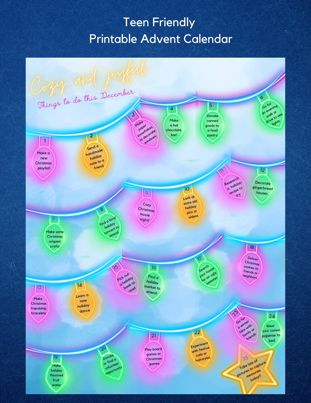 Printable Christmas Advent Calendar for Teens - Etsy