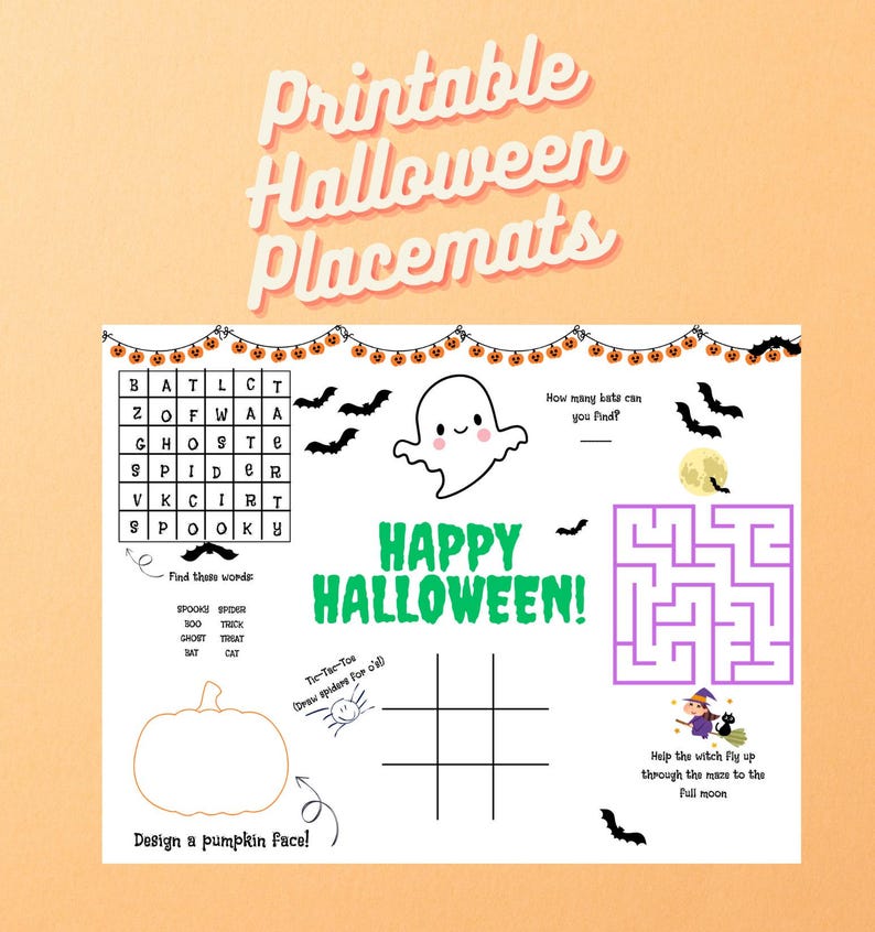 Printable Halloween Activity Placemat for Kids, Halloween Party ...