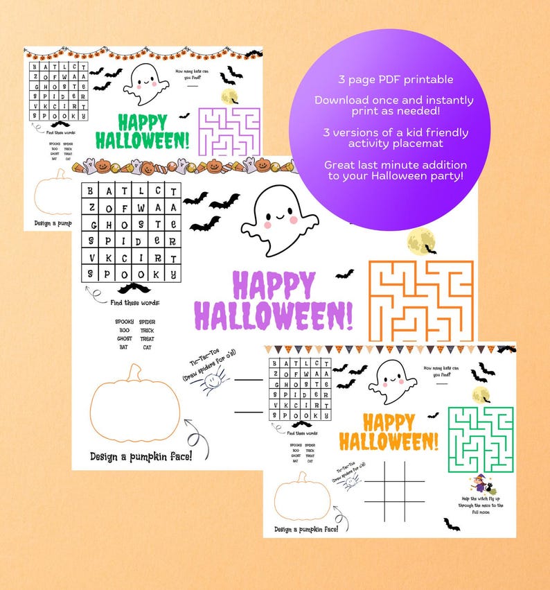 Printable Halloween Activity Placemat for Kids, Halloween Party ...