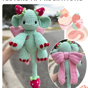 Valentine&#39;s Dragon, Plushie, Crochet Pattern, Strawberry, Pink Bow