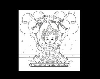 1st Birthday Custom Coloring Book, Alphabet Stories for Girl, Personalized Storybook (Printable Digital Download)