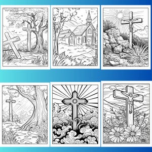 May include: Six black and white illustrations of crosses. The first image shows two crosses in a grassy field with a tree in the background. The second image shows a church with a cross on the front. The third image shows a cross with a figure on it, set against a rocky background. The fourth image shows a cross in a grassy field with a tree in the background. The fifth image shows a cross with a circle in the center, set against a background of clouds. The sixth image shows a cross with a figure on it, set against a background of mountains and flowers.