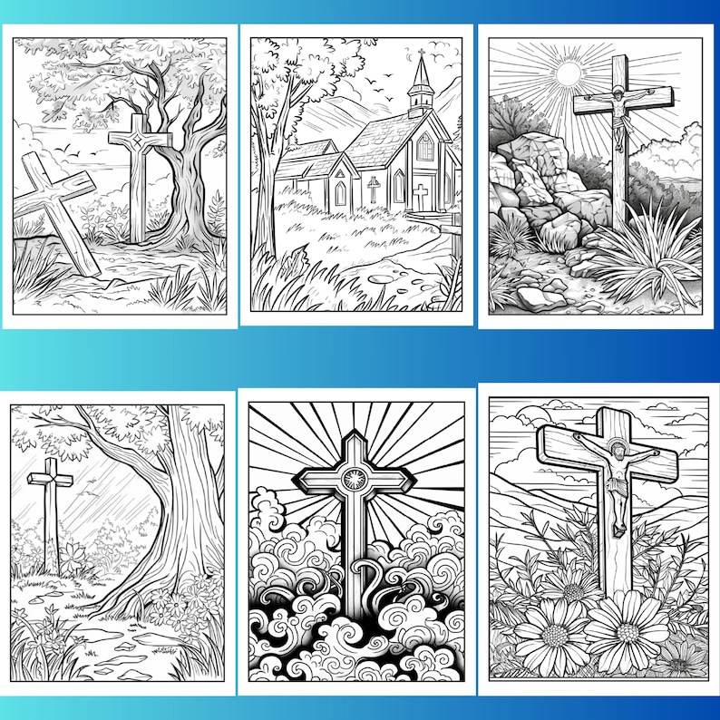 May include: Six black and white illustrations of crosses. The first image shows two crosses in a grassy field with a tree in the background. The second image shows a church with a cross on the front. The third image shows a cross with a figure on it, set against a rocky background. The fourth image shows a cross in a grassy field with a tree in the background. The fifth image shows a cross with a circle in the center, set against a background of clouds. The sixth image shows a cross with a figure on it, set against a background of mountains and flowers.