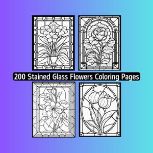 200 Stained Glass Flower Coloring Pages, Floral Pattern (Digital Download) image 2