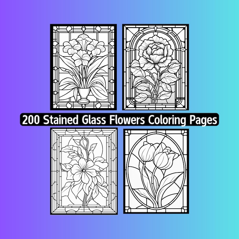 200 Stained Glass Flower Coloring Pages, Floral Pattern (Digital Download) image 2