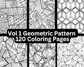 Vol 1: 120 Geometric Patterns Coloring Pages, Printable, Instant Digital Download, Adult, Kid, Pattern Coloring Book, Shapes Coloring Book