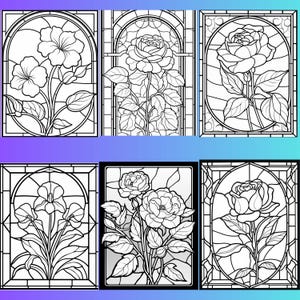May include: Six black and white stained glass window designs featuring different floral patterns. The designs include a hibiscus flower, a rose, and a lily.