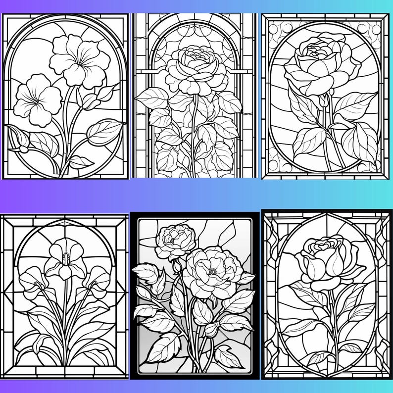May include: Six black and white stained glass window designs featuring different floral patterns. The designs include a hibiscus flower, a rose, and a lily.