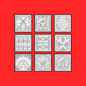 May include: Nine black and white square illustrations on a red background. Each square features a different nature-themed design, including a windmill, house, wheat, and leaves. The illustrations are in a stained-glass style.
