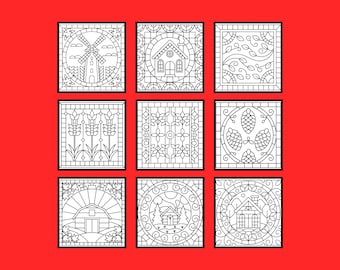 100 Easy Mosaic Coloring Pages in PDF Format (Digital Download)
