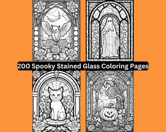 200 Halloween Stained Glass Coloring Pages, Spooky Designs (Digital Download)