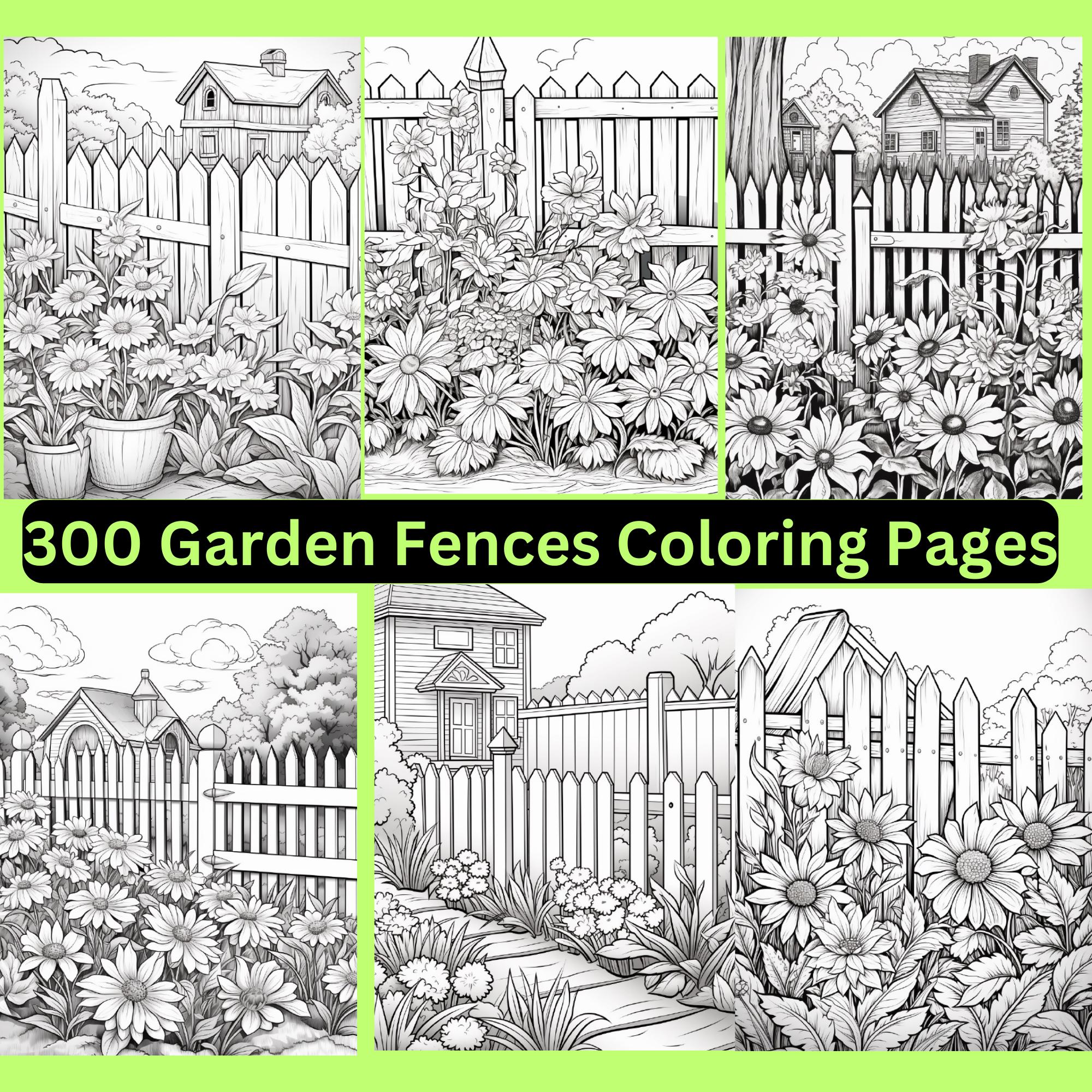 Pacote com 300 páginas de colorir cercas de jardim | PNGs para impressão e digitais para Procreate, iPad, arte floral de primavera