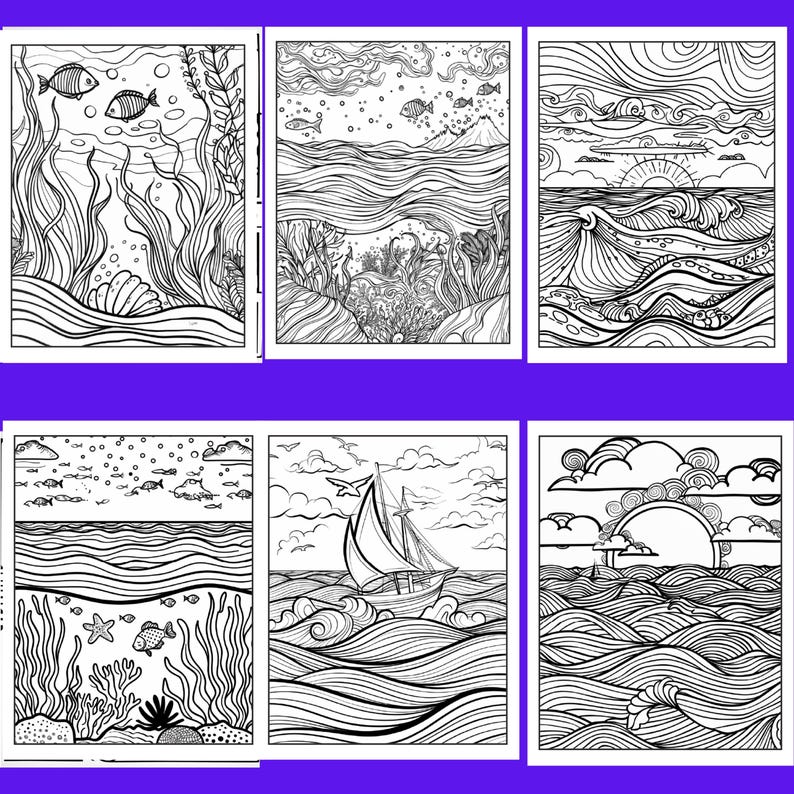 Puede incluir: Seis p&aacute;ginas para colorear en blanco y negro con temas oce&aacute;nicos y n&aacute;uticos. Los dise&ntilde;os incluyen peces, algas marinas, olas, un velero y una puesta de sol. Cada p&aacute;gina tiene intrincados dibujos lineales para colorear.