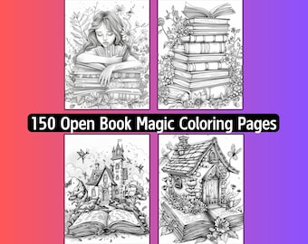 150 Fantasy Coloring Pages, Open Book Magic, Wizard, Fairy (Digital Download)