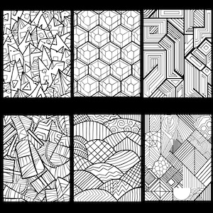 May include: Six black and white geometric patterns. Each pattern is a different design with intricate lines and shapes.