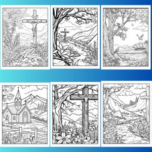May include: A set of six black and white coloring pages featuring religious scenes. The scenes include a cross with a figure on it, a church, and a path through a forest.
