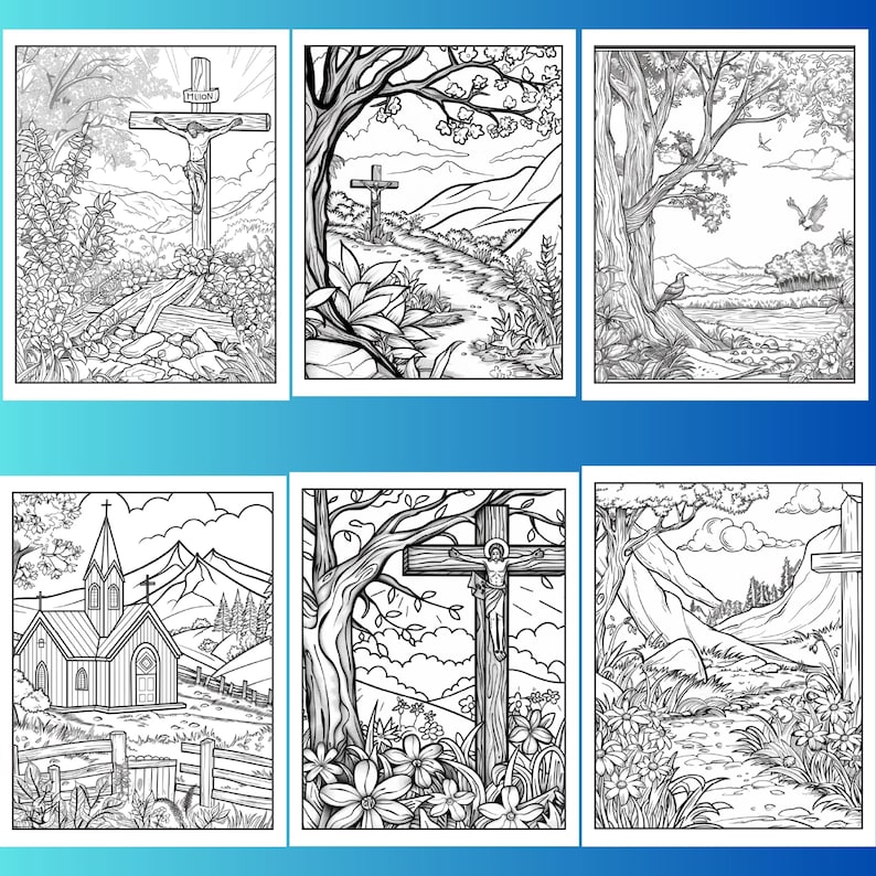 May include: A set of six black and white coloring pages featuring religious scenes. The scenes include a cross with a figure on it, a church, and a path through a forest.