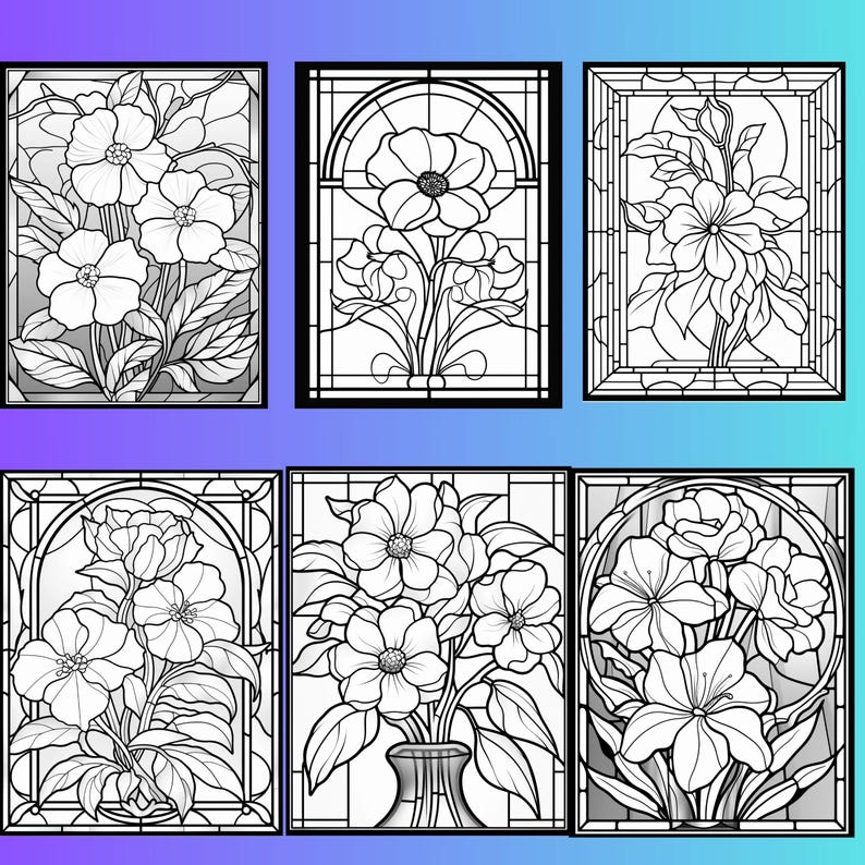 May include: Six black and white stained glass window designs featuring floral patterns. Each design features a different arrangement of flowers and leaves.