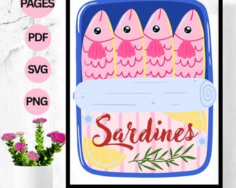 3 Color-By-Number Sardine Tins, Retro Kitchen Art (Digital Download)