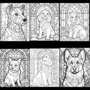 May include: Six black and white stained glass illustrations of dogs. Each dog is framed in a stained glass archway with floral accents. The dogs are a Jack Russell Terrier, a Cocker Spaniel, a German Shepherd, a Yorkshire Terrier, a Golden Retriever, and a Cocker Spaniel.