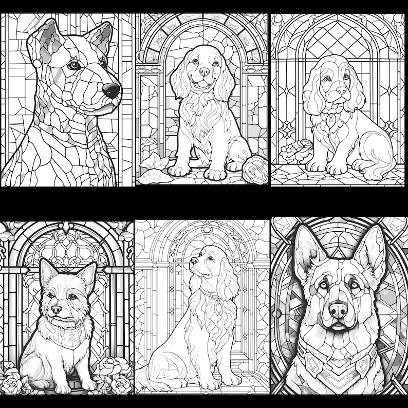 May include: Six black and white stained glass illustrations of dogs. Each dog is framed in a stained glass archway with floral accents. The dogs are a Jack Russell Terrier, a Cocker Spaniel, a German Shepherd, a Yorkshire Terrier, a Golden Retriever, and a Cocker Spaniel.