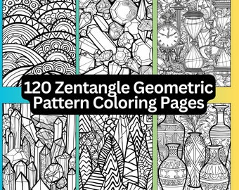 120 Zentangle Geometric Pattern Coloring Pages, Printable, Instant Digital Download, Adult Kid Coloring, Abstract Line Art Coloring