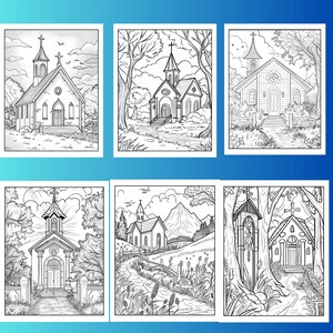 May include: Six black and white illustrations of churches in different settings. The churches are drawn in a detailed style with intricate details. The illustrations are perfect for coloring.
