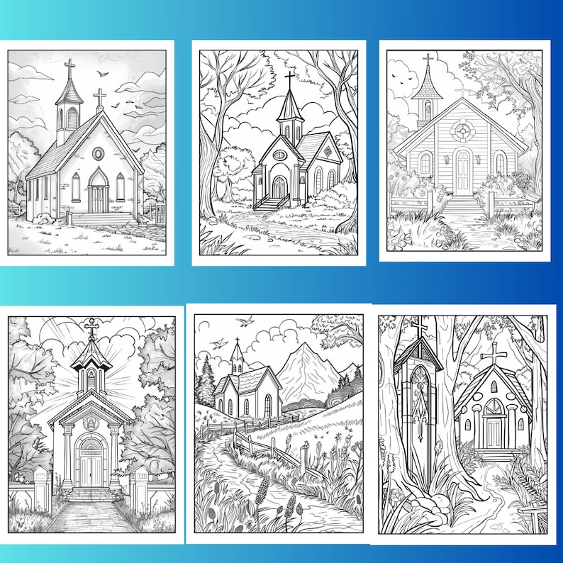 May include: Six black and white illustrations of churches in different settings. The churches are drawn in a detailed style with intricate details. The illustrations are perfect for coloring.