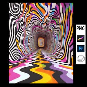 Puede incluir: Impresión de arte psicodélico abstracto con un túnel colorido y giratorio con rayas blancas y negras. El túnel parece estar hecho de una serie de líneas onduladas superpuestas.