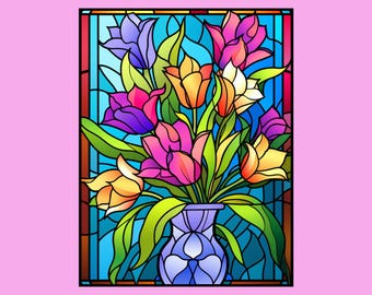 200 Stained Glass Flower Coloring Pages, Floral Pattern (Digital Download)