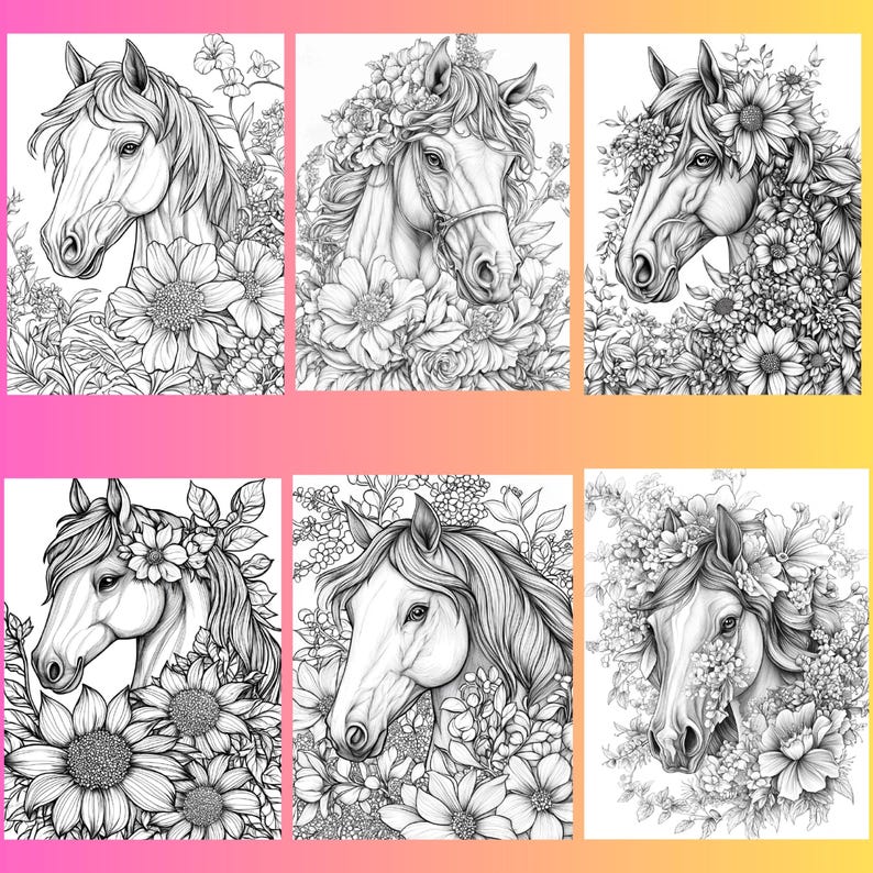 May include: Six black and white illustrations of horses with floral wreaths around their heads. The horses are drawn in a realistic style with detailed features and intricate floral designs.