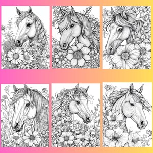 May include: Six black and white illustrations of horses with floral designs. Each horse is surrounded by flowers and leaves. The horses are drawn in a realistic style.