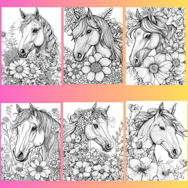 May include: Six black and white illustrations of horses with floral designs. Each horse is surrounded by flowers and leaves. The horses are drawn in a realistic style.