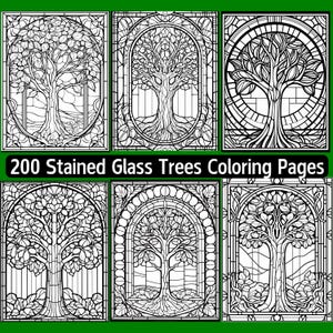 200 Stained Glass Trees Coloring Pages, Printable, Instant Download, Adult, Digital, Oak, Window, Easter, Religious, Church, Flowers, Plants
