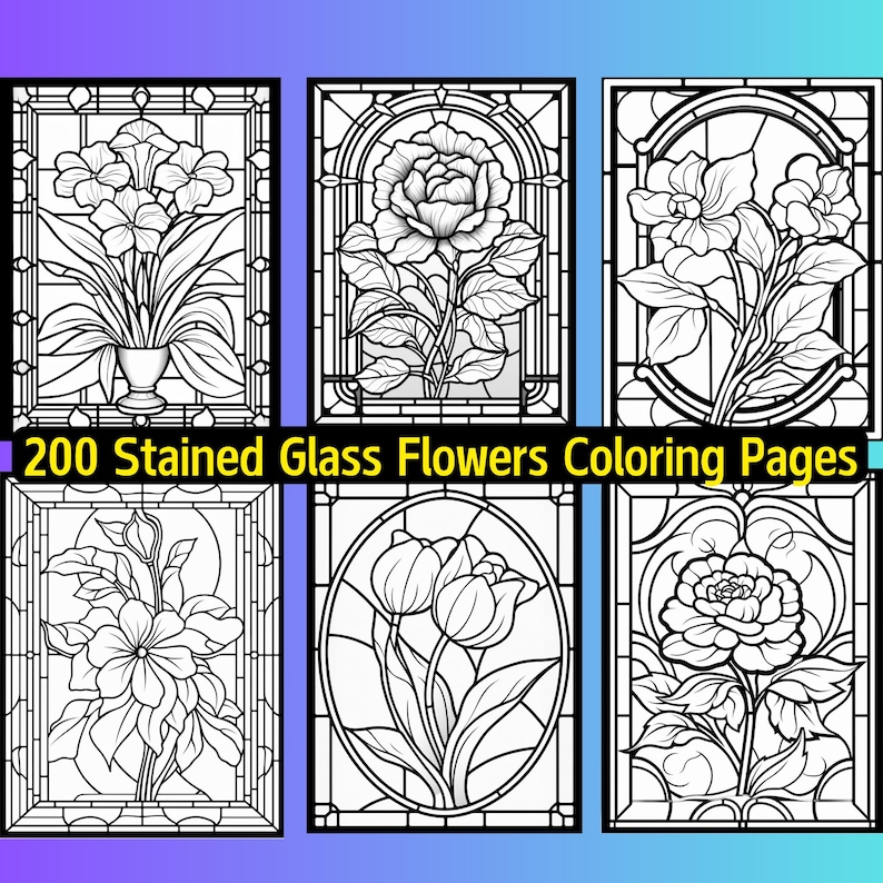 May include: Six black and white stained glass flower coloring pages. Each page features a different flower design, including roses, tulips, and lilies.