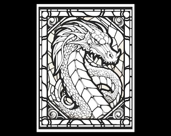 200 vitrales de dragones para colorear, arte fantástico (descarga digital)