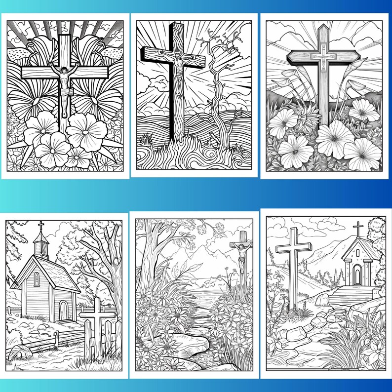 May include: Six black and white coloring pages featuring religious imagery. The images include crosses, a church, and flowers.