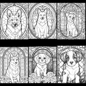 May include: Six black and white illustrations of dogs in stained glass style frames. Each dog is in a different pose and breed. The illustrations are perfect for coloring.