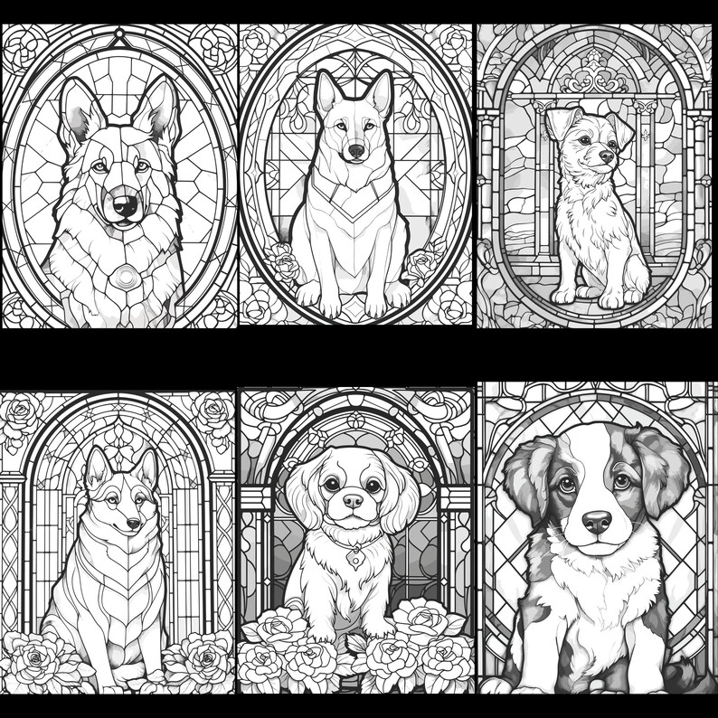 May include: Six black and white illustrations of dogs in stained glass style frames. Each dog is in a different pose and breed. The illustrations are perfect for coloring.
