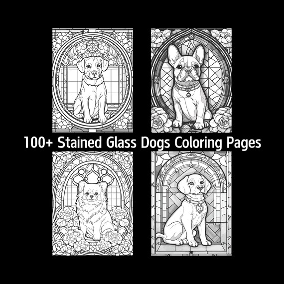 100+ Stained Glass Dog Coloring Pages, Printable Book (Digital Download)