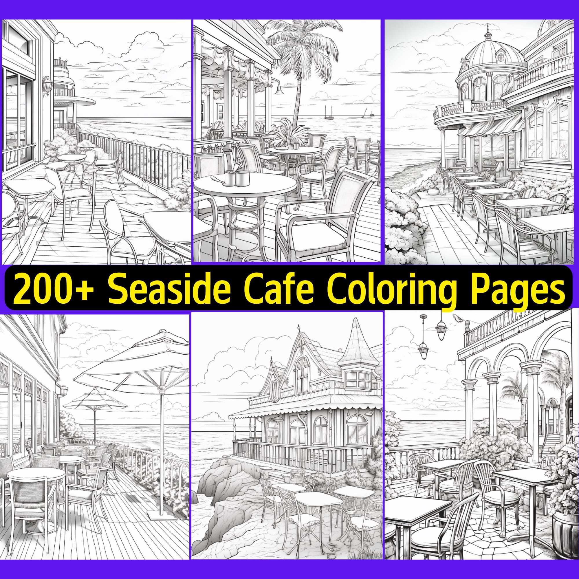 200+ Seaside Café Coloring Pages Bundle | Printable & Digital Beach Patio Scenes for Procreate, iPad, and Home Printing